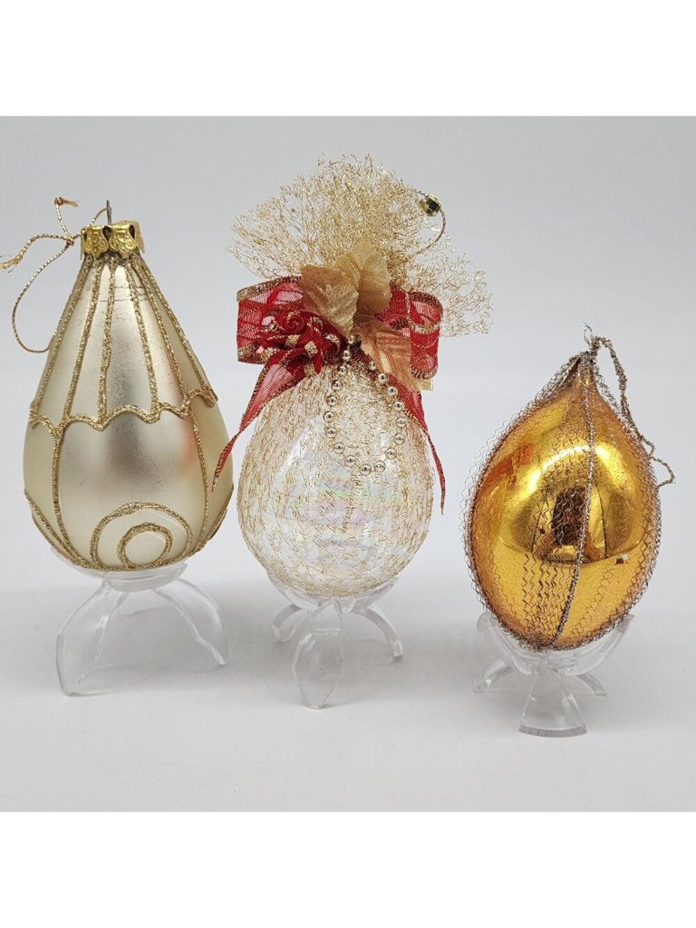 Glass Teardrop Ornaments Embellished Gold Glitter Accents & Bows Vintage Christm